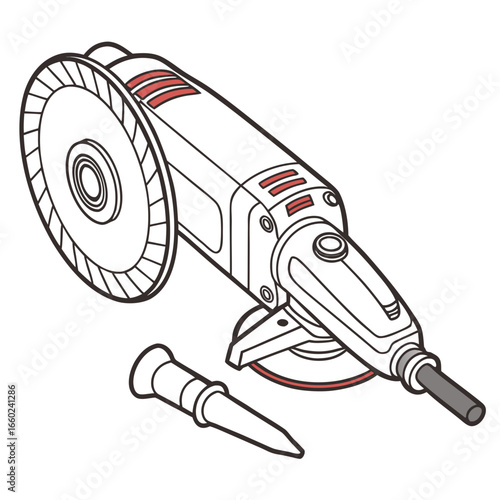 Illustration of an angle grinder with a cutting disc and a pointed accessory on a white background