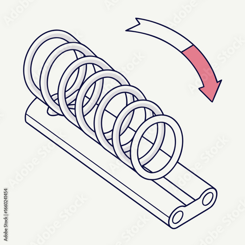 Isometric illustration of a spring mechanism with a downward pointing arrow indicating movement or progress