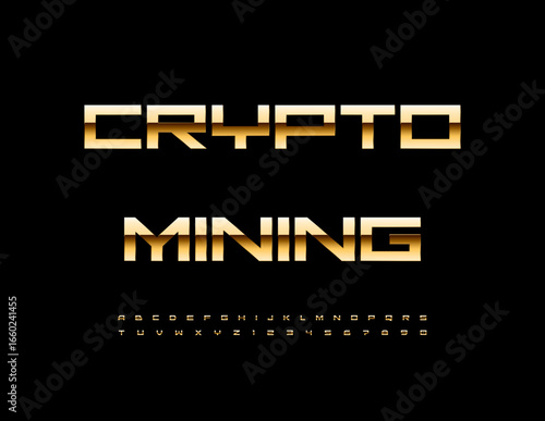 Vector Golden emblem Crypto Mining. Stylish Digital Font. Trendy Techno Alphabet Letters and Numbers set.