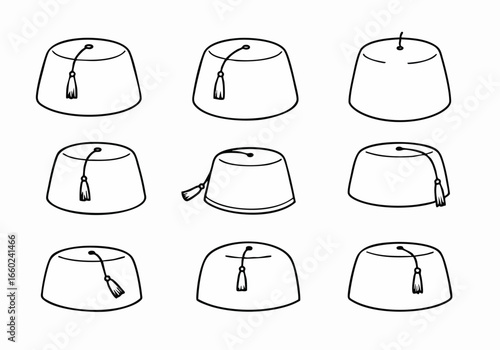 Line art collection of traditional Fez hats with and without tassels, showcasing various angles