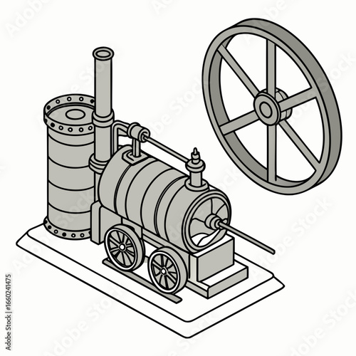 Isometric illustration of a vintage steam engine with a large flywheel and smokestack