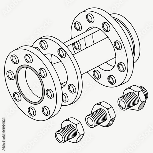 Technical illustration of a pipe flange assembly with bolts and nuts on a white background