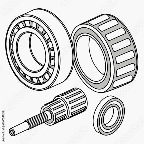 Technical illustration of roller bearings and splined shaft components on a white background