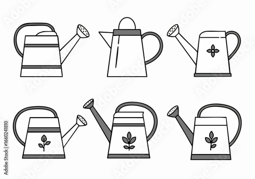 Set of minimalist line art watering can icons in grayscale for garden and plant care illustrations.