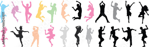 Colorful and black dancing silhouettes, vector illustration of diverse poses, expressive motion, modern dance styles, youth energy, abstract movement