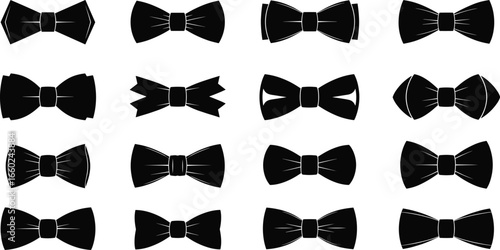Set of black bow tie silhouettes in various styles, formal wear fashion accessory collection, isolated icons for design and decoration