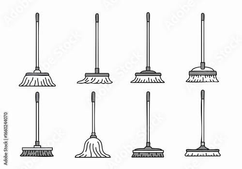 Collection of various mop and broom types for household cleaning. Essential tools for floor maintenance and hygiene, illustrated in a simple vector style.
