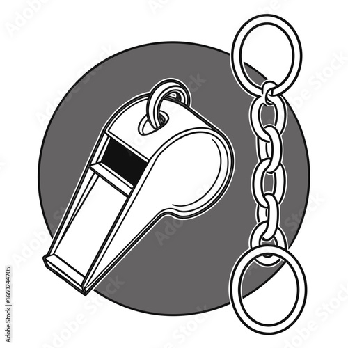 Black and white illustration of a sports whistle with a keychain and a dark gray circle background