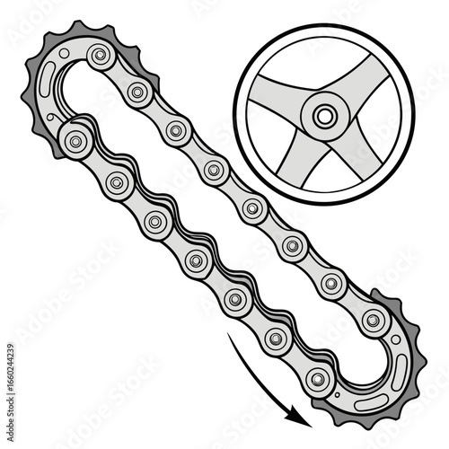 Close up illustration of a bicycle chain and sprocket with a directional arrow indicating movement