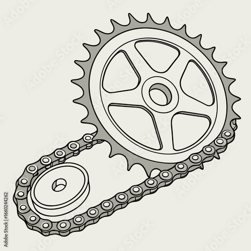 Close up illustration of a bicycle chain and sprocket with a smaller cog wheel