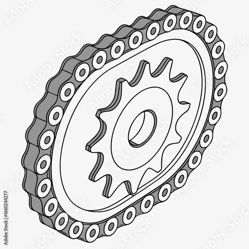Close up isometric view of a motorcycle drive chain and sprocket assembly on a white background