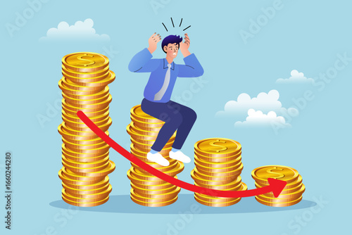 A man is in distress as he loses money on a downward-pointing graph of coins. A vector illustration of financial loss, business failure, and economic downturn.