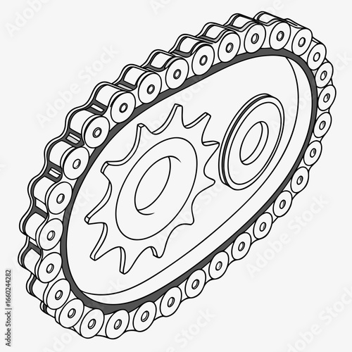 Close up isometric view of a motorcycle chain and sprocket assembly in a clean line art style