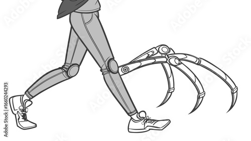 Close up of a person with robotic prosthetic legs and clawed feet walking forward