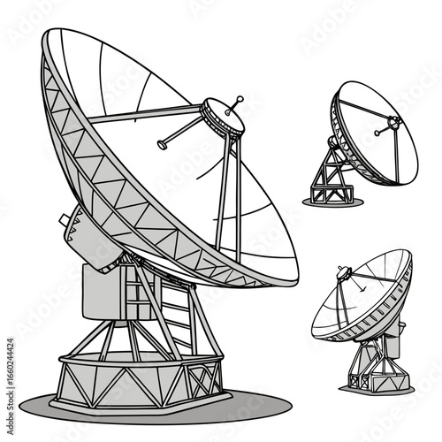 Collection of three satellite dishes or radio telescopes on white background in a graphic illustration style