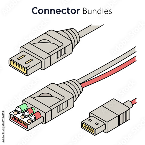 Collection of various electronic connectors and cables including usb and audio connectors