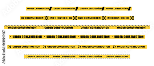 Under construction yellow warning tape safety stripe. Caution barrier stripe for safety zone, blocked area, website page, road work, site maintenance, redesign progress. Vector illustration.