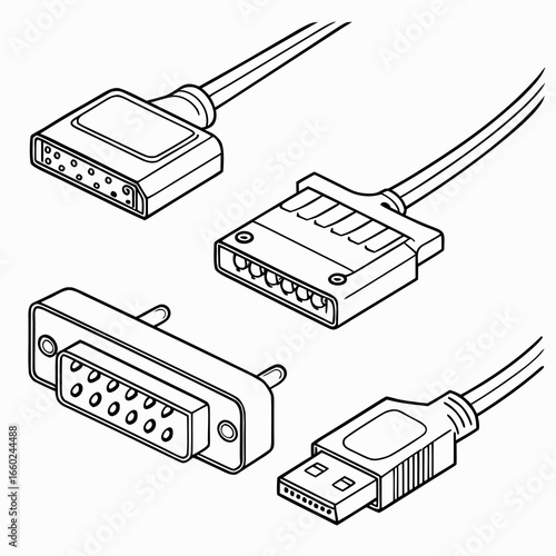 Collection of vintage and modern computer connectors and cables in a clean isometric line art illustration