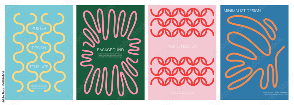 Collection of Minimalist Wavy Bold Lines Poster Vector Set. Cover Template with Geometric Shapes. Modern Design for Branding, Flyers, Brochures, Covers, Social Media and Web Banners