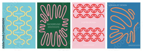 Collection of Minimalist Wavy Bold Lines Poster Vector Set. Cover Template with Geometric Shapes. Modern Design for Branding, Flyers, Brochures, Covers, Social Media and Web Banners