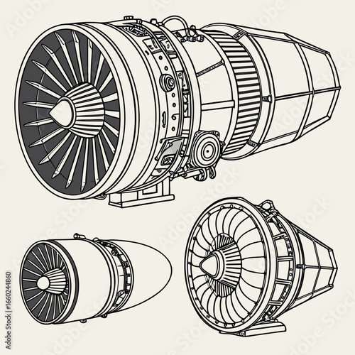 Detailed line art illustration of three different jet engines showcasing their intricate mechanical components and fan blades
