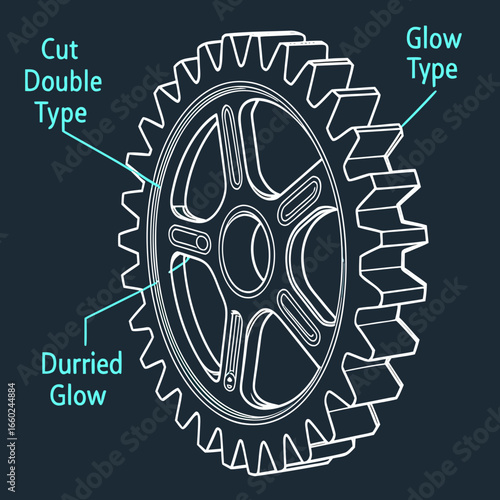 Detailed technical drawing of a bicycle chainring with labels for cut double type and glow type