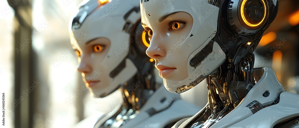 Fototapeta premium Two robots with orange eyes and white bodies