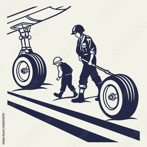 Father and son working together on an airplane wheel on the tarmac