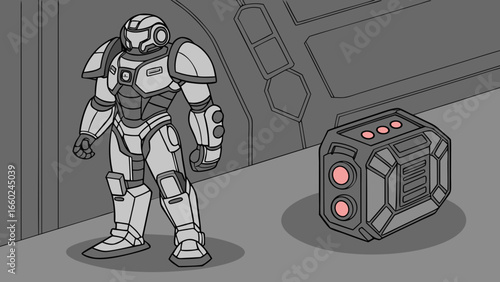Futuristic soldier in advanced armor standing next to a sci fi device in a spaceship corridor