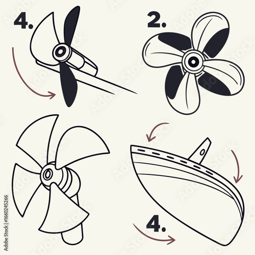 Illustration of boat propellers and a hull section indicating rotation and direction with numbers and arrows