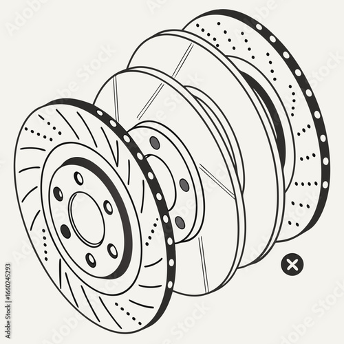 Illustration of multiple car brake discs with drilled and slotted surfaces arranged in a row