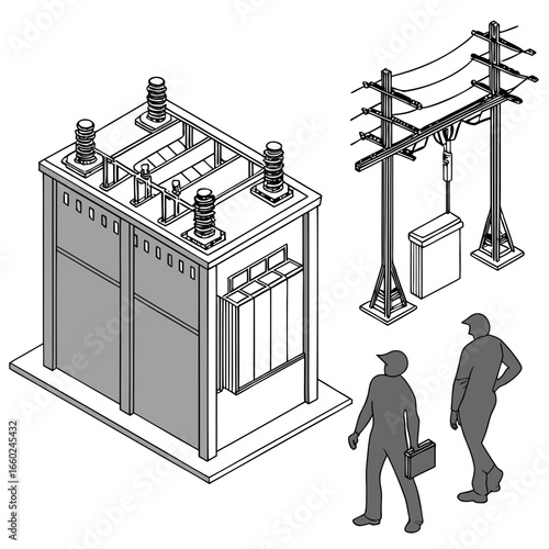Isometric illustration of an electrical substation with transformer power lines and two engineers inspecting the equipment