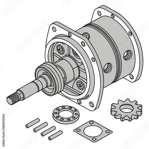 Isometric view of a disassembled mechanical pump assembly with various components and parts