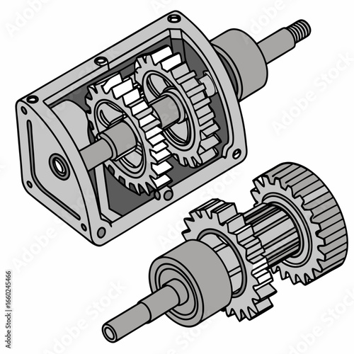 Isometric view of an exploded view gearbox with gears and shafts on a white background