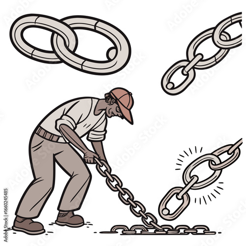Man wearing a cap working with a heavy metal chain linking and connecting segments together