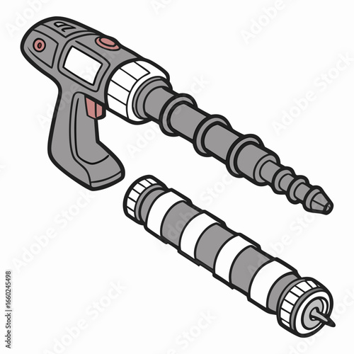 Modern cordless drill with interchangeable drill bits and battery pack isolated on white background