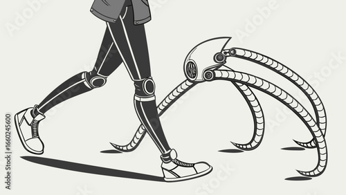 Stylized illustration of a cyborg walking with mechanical tentacles trailing behind