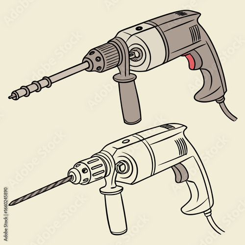 Two detailed illustrations of electric drills one with a drill bit and one with a specialized bit