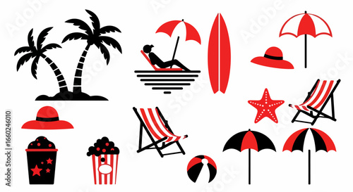 Summer beach vacation icon set with palm trees, umbrellas, and surfboards in red and black.