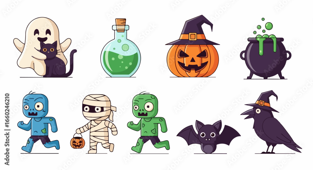 Obraz premium Halloween Cartoon Character Collection - Ghost, Potion, Pumpkin, Cauldron, Mummy, Zombie, Bat, Crow.