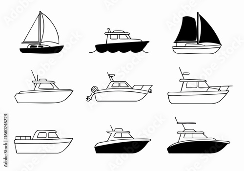 A diverse collection of black and white boat icons, featuring various marine vessels from sailboats to motorboats, perfect for nautical-themed designs.