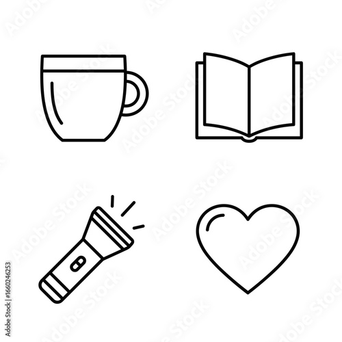 Collection of Homecoming-themed icons, including Cup, Open book, Flashlight, Heart