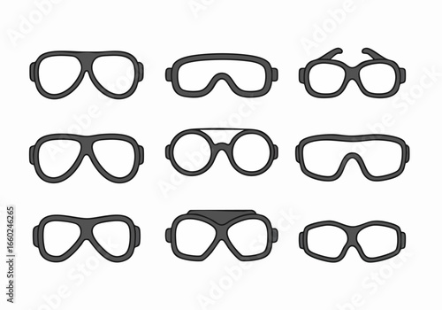 Collection of Various Safety, Sport, and Fashion Eyewear Icons and Goggles in Flat Design