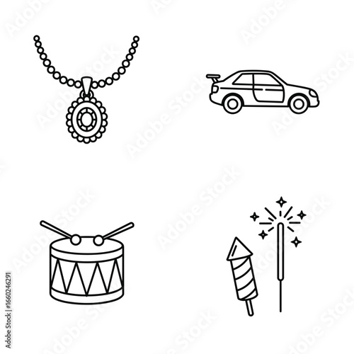 Collection of Homecoming-themed icons, including Necklace pendant, Car, Drum, Sparkler