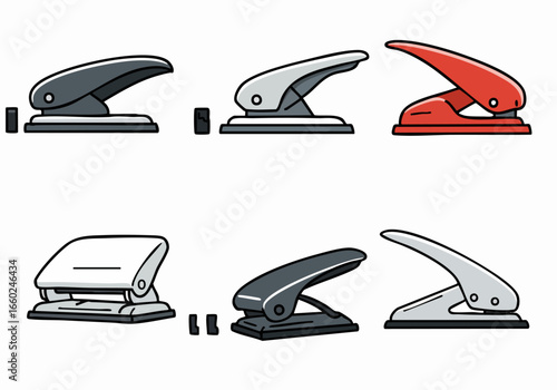 Vibrant Set of Office Paper Hole Punchers and Punched Scraps: Diverse Stationery Tools Illustration on White Background