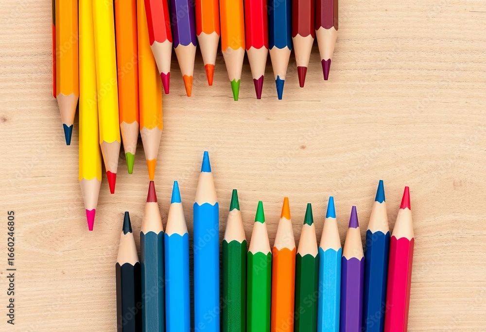 Fototapeta premium Vibrant colored pencils arranged on a textured wood surface, wood, supplies