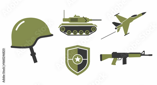 A collection of flat vector military icons featuring a helmet, tank, fighter jet, rifle, and shield.