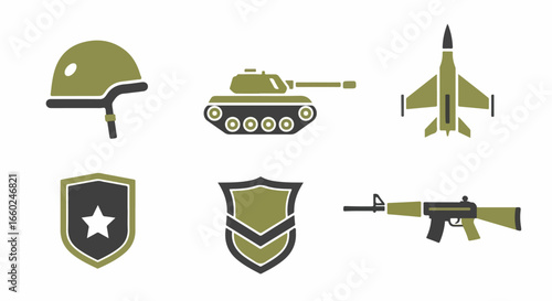Military Equipment Icons - Helmet, Tank, Jet, Shields, and Rifle in Green and Black.