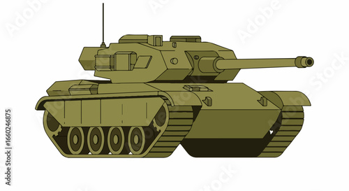 Olive green military tank illustration with main cannon and tracks.