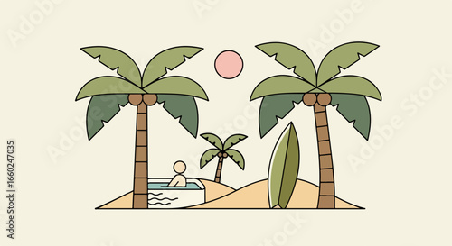 Simple Beach Scene with Palm Trees and Surfer.